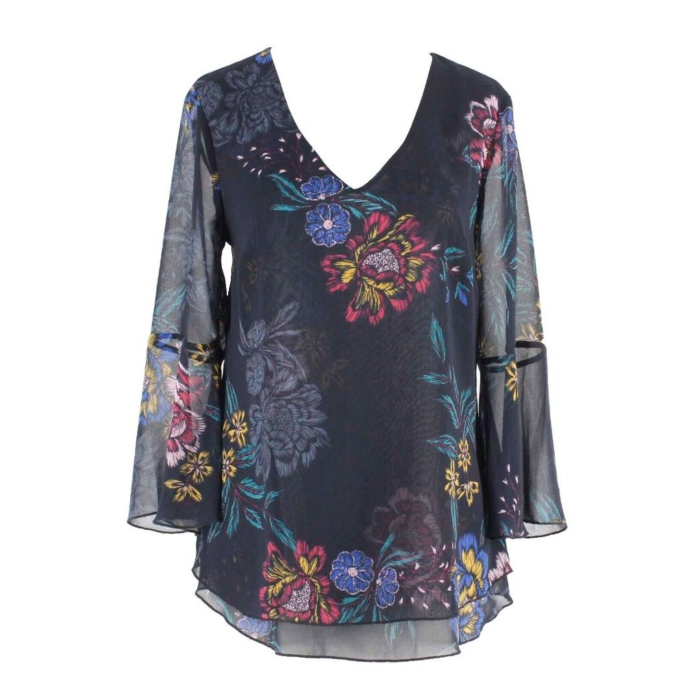 Cabi Sz S Navy Blue Multi Floral Lined Sheer Bell Sleeve Floral Poly Woven Top